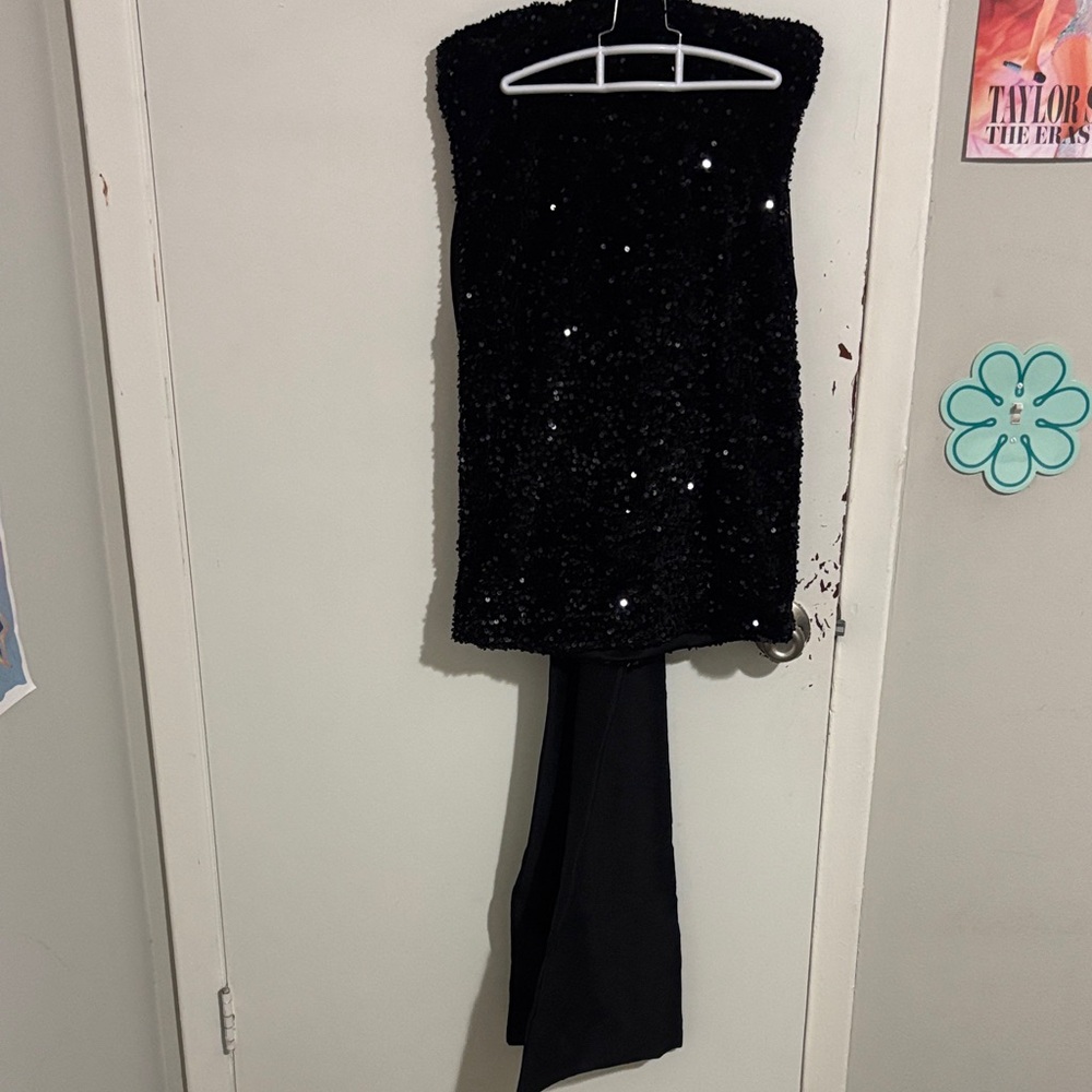 Junior's XL Thirty Thirty Strapless Sequin Mini Dress with Detachable Bow Black